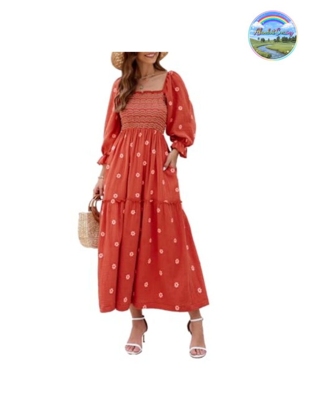 Women Floral Embroidered Maxi Dress Square Neck Puff Sleeve Boho with Pockets